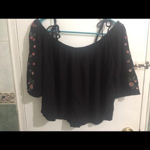 Black off the shoulder top w/ flower embroideries